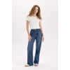 E2975 Straight Wide Yüksek Bel Uzun Jean Yıkamalı Pantolon