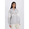 E3229 Relax Fit Polo Yaka Baskılı Kalın Sweatshirt