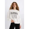 E3388 Loose Fit Bisiklet Yaka Baskılı Kalın Kumaş Sweatshirt