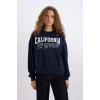 E3390 Loose Fit Bisiklet Yaka Baskılı Kalın Kumaş Sweatshirt