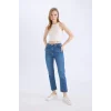 E4963 Mary Vintage Straight Fit Yüksek Bel Bilek Boy Jean Yıkamalı Pantolon