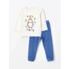 LCW baby Bej Bisiklet Yaka Kadife Erkek Bebek Pijama Takımı