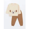LCW baby Bej Bisiklet Yaka Nakışlı Erkek Bebek Sweatshirt ve Eşofman Alt 2li Takım