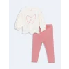 LCW baby Ekru Bisiklet Yaka Uzun Kollu Baskılı Kız Bebek Sweatshirt ve Tayt 2li Takım
