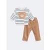 LCW baby Ekru Nakışlı Erkek Bebek Sweatshirt ve Pantolon 2li