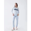 LCW DREAM Mavi Bisiklet Yaka Nakışlı Uzun Kollu Kadın Pijama Takımı