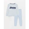 LCW DREAM Mavi Bisiklet Yaka Nakışlı Uzun Kollu Kadın Pijama Takımı