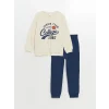 LCW Kids Bej Bisiklet Yaka Baskılı Erkek Bebek Sweatshirt ve Eşofman Alt 2li Takım