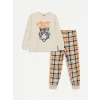 LCW Kids Bej Bisiklet Yaka Baskılı Uzun Kollu Erkek Çocuk Pijama Takımı