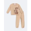 LCW Kids Bej Kedi Baskılı Kız Bebek Sweatshirt ve Eşofman Alt 2li