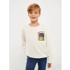 LCW Kids Ekru Bisiklet Yaka Baskılı Uzun Kollu Erkek Çocuk Sweatshirt