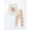 LCW Kids Ekru Bisiklet Yaka Baskılı Uzun Kollu Kız Çocuk Pijama Takımı