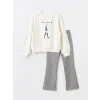 LCW Kids Ekru Bisiklet Yaka Baskılı Uzun Kollu Kız Çocuk Sweatshirt ve Tayt
