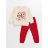 LCW Kids Ekru Bisiklet Yaka Çiçekli Kız Çocuk Sweatshirt ve Pantolon 2li Takım
