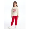 LCW Kids Ekru Bisiklet Yaka Çiçekli Kız Çocuk Sweatshirt ve Pantolon 2li Takım
