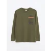 LCW Kids Haki Bisiklet Yaka Baskılı Uzun Kollu Erkek Çocuk Tişört