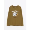 LCW Kids Haki Bisiklet Yaka Baskılı Uzun Kollu Pamuklu Erkek Çocuk Tişört