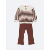 LCW Kids Kahverengi Bisiklet Yaka Çizgili Kız Çocuk Sweatshirt ve Tayt 2li Takım
