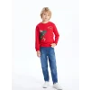 LCW Kids Kırmızı Bisiklet Yaka Yılbaşı Temalı Uzun Kollu Erkek Çocuk Sweatshirt