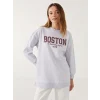 LCW Modest Antrasit Bisiklet Yaka Boston Baskılı Kadın Kalın Sweatshirt Tunik