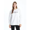 LCW Modest Beyaz Bisiklet Yaka Baskılı Kadın Kalın Sweatshirt Tunik