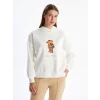 LCW Modest Beyaz Kapüşonlu Ayı Teddy Baskılı Oversize Kadın Kalın Sweatshirt Tunik