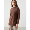 LCW Modest Kahverengi Bisiklet Yaka Nakışlı Kadın Kalın Sweatshirt Tunik