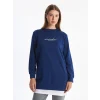 LCW Modest Lacivert Bisiklet Yaka Baskılı Kadın Sweatshirt Tunik