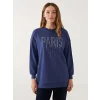 LCW Modest Lacivert Bisiklet Yaka Parlak Taşlı Kadın Sweatshirt Tunik