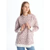 LCW Modest Mürdüm Kapüşonlu Leopar Desenli Kadın Sweatshirt Tunik