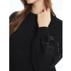 LCW Modest Siyah Bisiklet Yaka Parlak Taşlı Oversize Kadın Sweatshirt Tunik