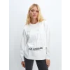 LCW Vision Ekru Bisiklet Yaka Baskılı Oversize Kadın Kalın Sweatshirt