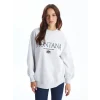 LCW Vision Gri Bisiklet Yaka Baskılı Oversize Kadın Kalın Sweatshirt