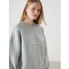 LCW Vision Gri Bisiklet Yaka Baskılı Oversize Kadın Kalın Sweatshirt