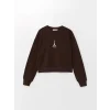 LCW Vision Kahverengi Bisiklet Yaka Nakışlı Oversize Kadın Sweatshirt