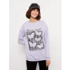 LCW Vision Lila Bisiklet Yaka Baskılı Uzun Kollu Kadın Sweatshirt