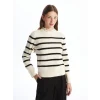 LCW Vision Siyah Fırfırlı Dik Yaka Çizgili Uzun Kollu Kadın Triko Kazak