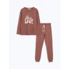 LCW Young Kahverengi Bisiklet Yaka Baskılı Kadın Pijama Takımı