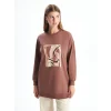 LCWAIKIKI Basic Kahverengi Bisiklet Yaka Baskılı Oversize Kadın Sweatshirt Tunik