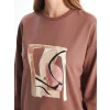 LCWAIKIKI Basic Kahverengi Bisiklet Yaka Baskılı Oversize Kadın Sweatshirt Tunik