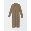 LCWAIKIKI Classic Kahverengi Gömlek Yaka Kadın Elbise