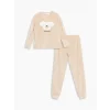 LCW Young Bej Bisiklet Yaka Nakışlı Kadın Kadife Pijama Takımı