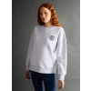 LCW Vision Gri Bisiklet Yaka Nakışlı Oversize Kadın Kalın Sweatshirt