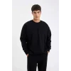 T5139 Siyah Oversize Geniş Kalıp Bisiklet Yaka Kalın Kumaş Basic Düz Sweatshirt