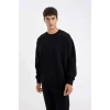 T5139 Siyah Oversize Geniş Kalıp Bisiklet Yaka Kalın Kumaş Basic Düz Sweatshirt