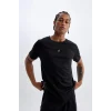 V2887 DeFactoFit Siyah Slim Fit Dar Kesim Bisiklet Yaka Baskılı Sporcu Kısa Kollu Basic Tişört