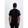 V2887 DeFactoFit Siyah Slim Fit Dar Kesim Bisiklet Yaka Baskılı Sporcu Kısa Kollu Basic Tişört