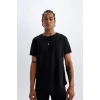 V2887 DeFactoFit Siyah Slim Fit Dar Kesim Bisiklet Yaka Baskılı Sporcu Kısa Kollu Basic Tişört