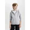 X5844 Basic Kapüşonlu Fermuarlı Cepli Gri Okul Hırkası