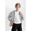 X5844 Basic Kapüşonlu Fermuarlı Cepli Gri Okul Hırkası